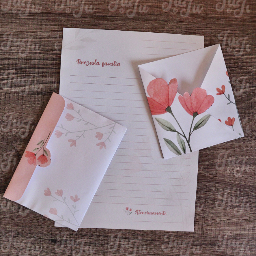 Kit floral rosa de cartas + envelope (feminino)