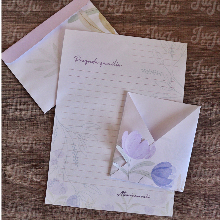 Kit floral roxo de cartas + envelope (feminino)