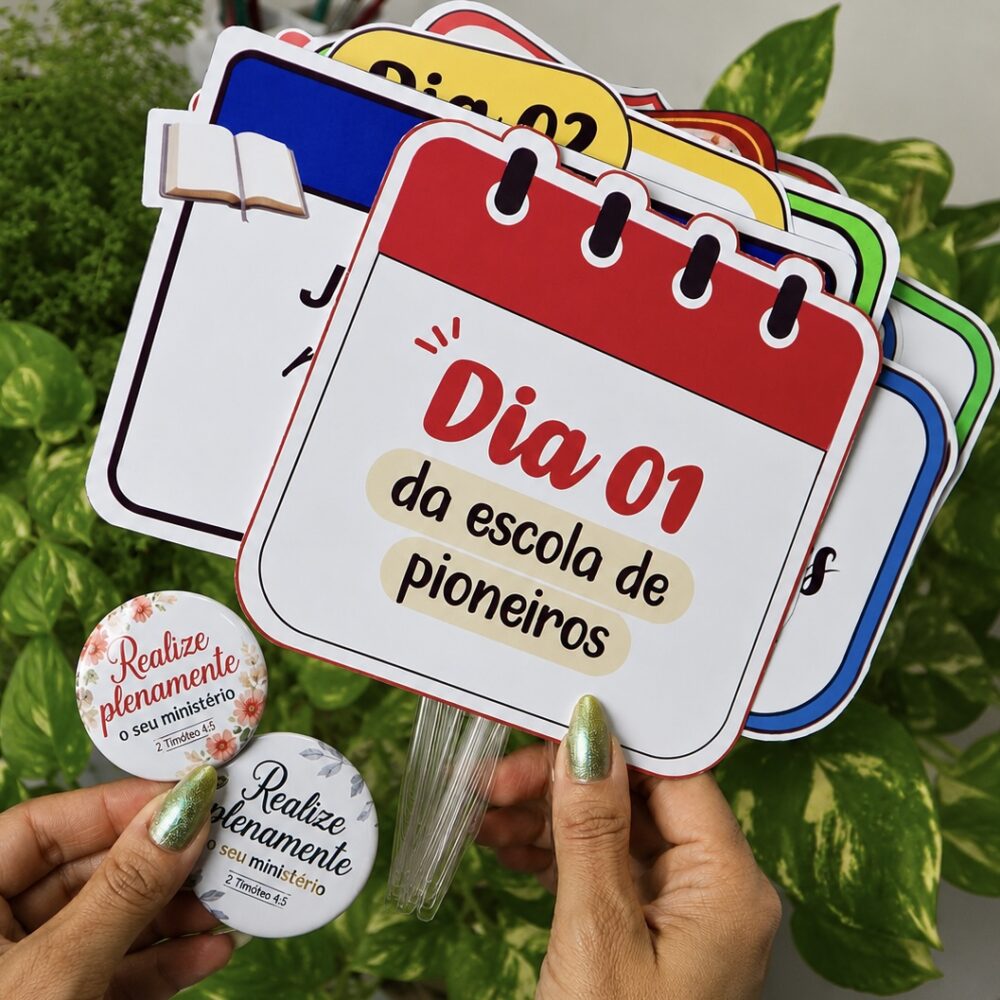 Kit escola de pioneiros (12 plaquinhas + bottons)